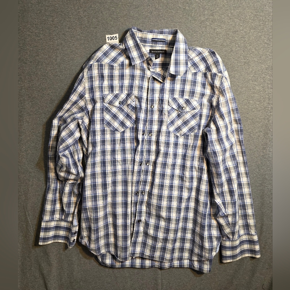 Banana Republic Men's XL White and Blue Checkered Shirt Snap Front. Western